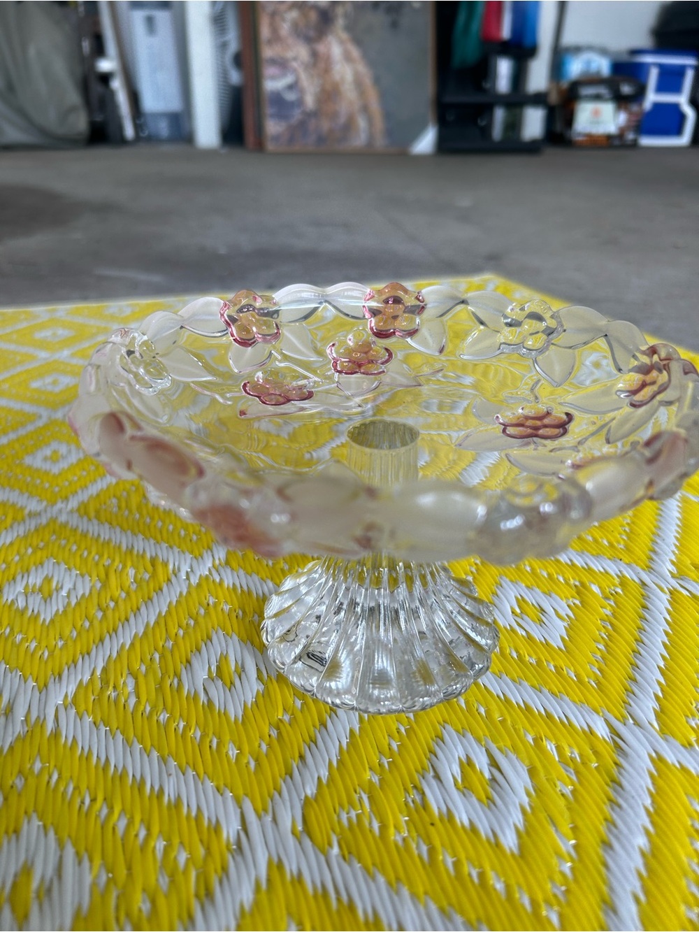 Clear Glass Pedestal Dish with Pink Floral Accents